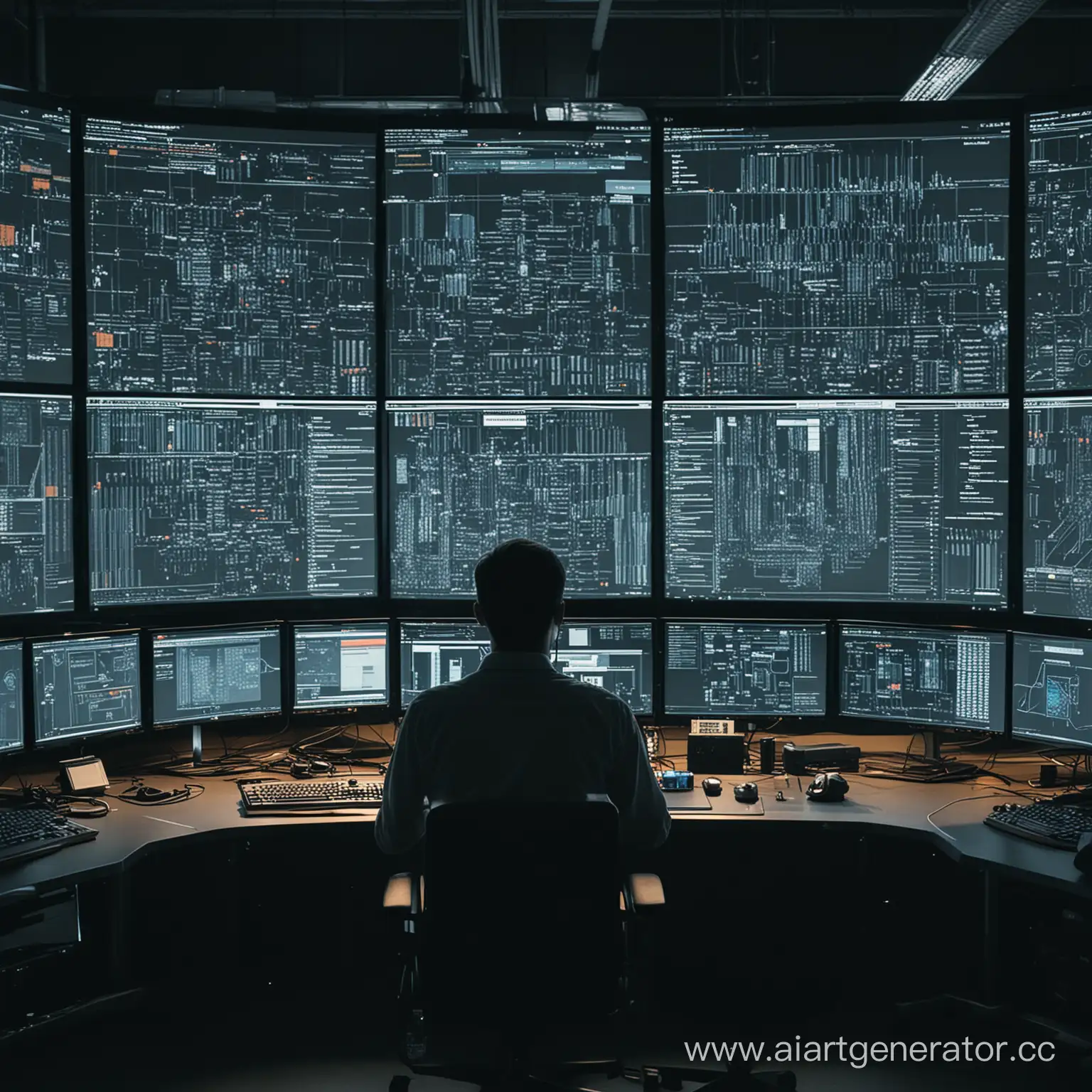 Человек сидит за огромными экранами компьютеров и осущестляет управление за их техническими системами