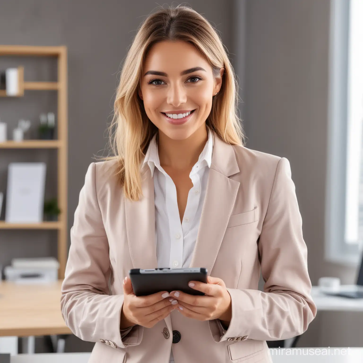 Young happy pretty smiling professional cosmetic business woman, working at his mobile tablet, happy confident positive female entrepreneur standing in office, looking at camera,