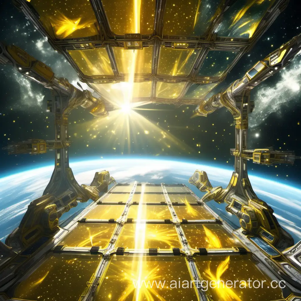 inside large completely glass space station, looking through glass floor at the yellow stars corona and solar flare at close range, epic fantasy,