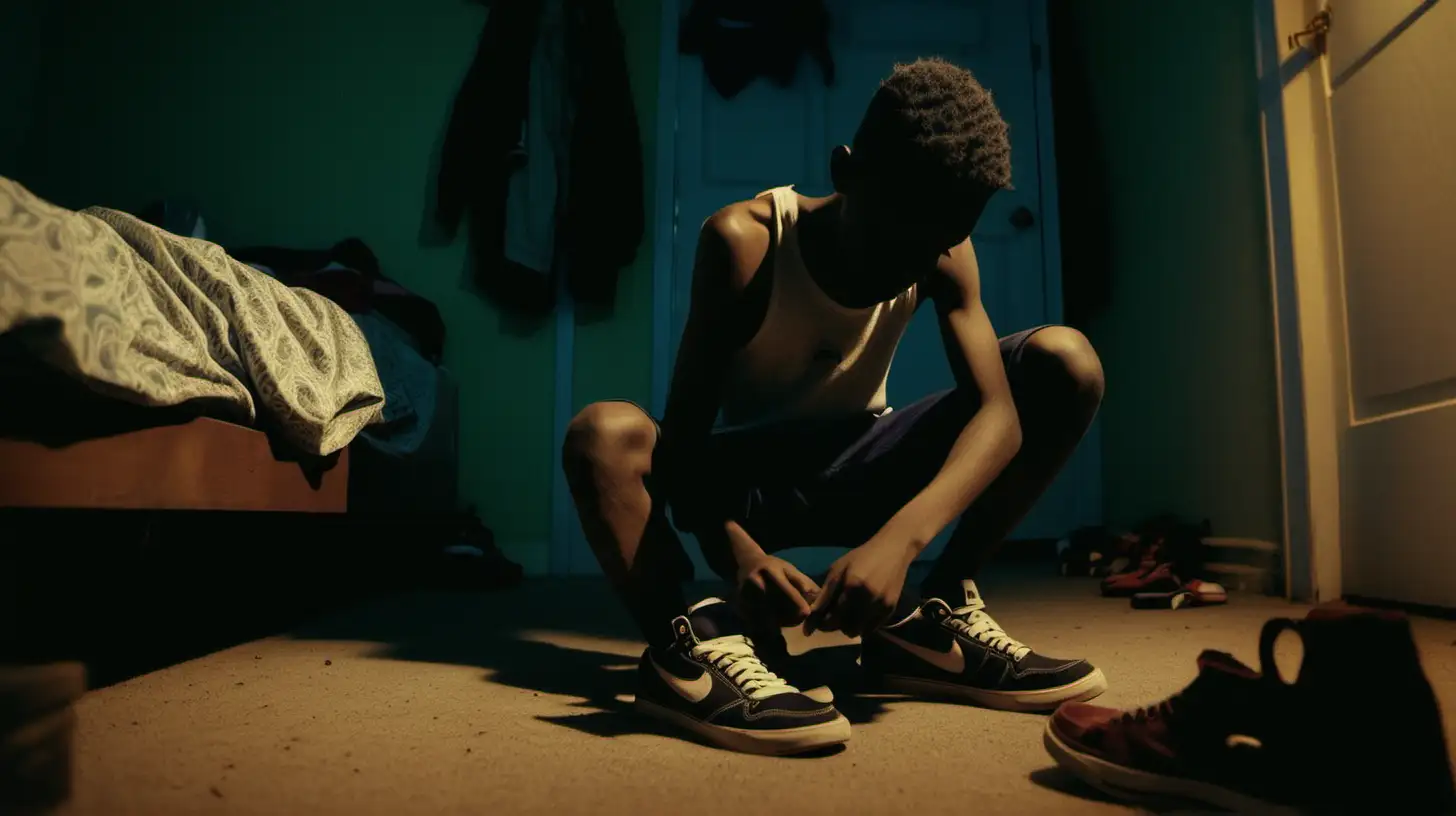 NOWNESS AESTHETIC
WIDE ANGLE LENS
at night, a small African shared bedroom
A black 15 year old boy, is fixing his nike shoes

vintage look 16mm film