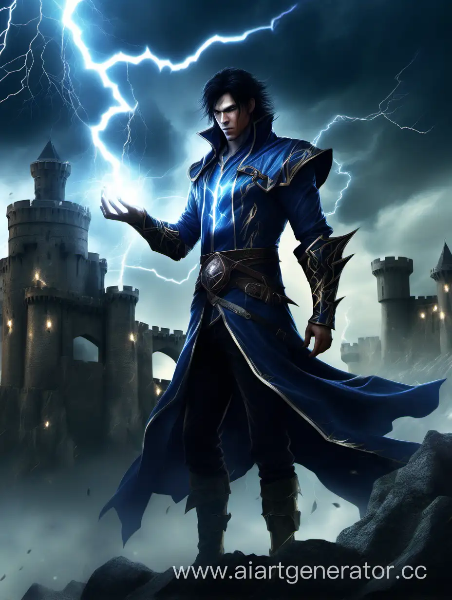 DarkHaired-Lightning-Mage-Standing-Tall-before-Fortress-in-Dark-Fantasy-Scene