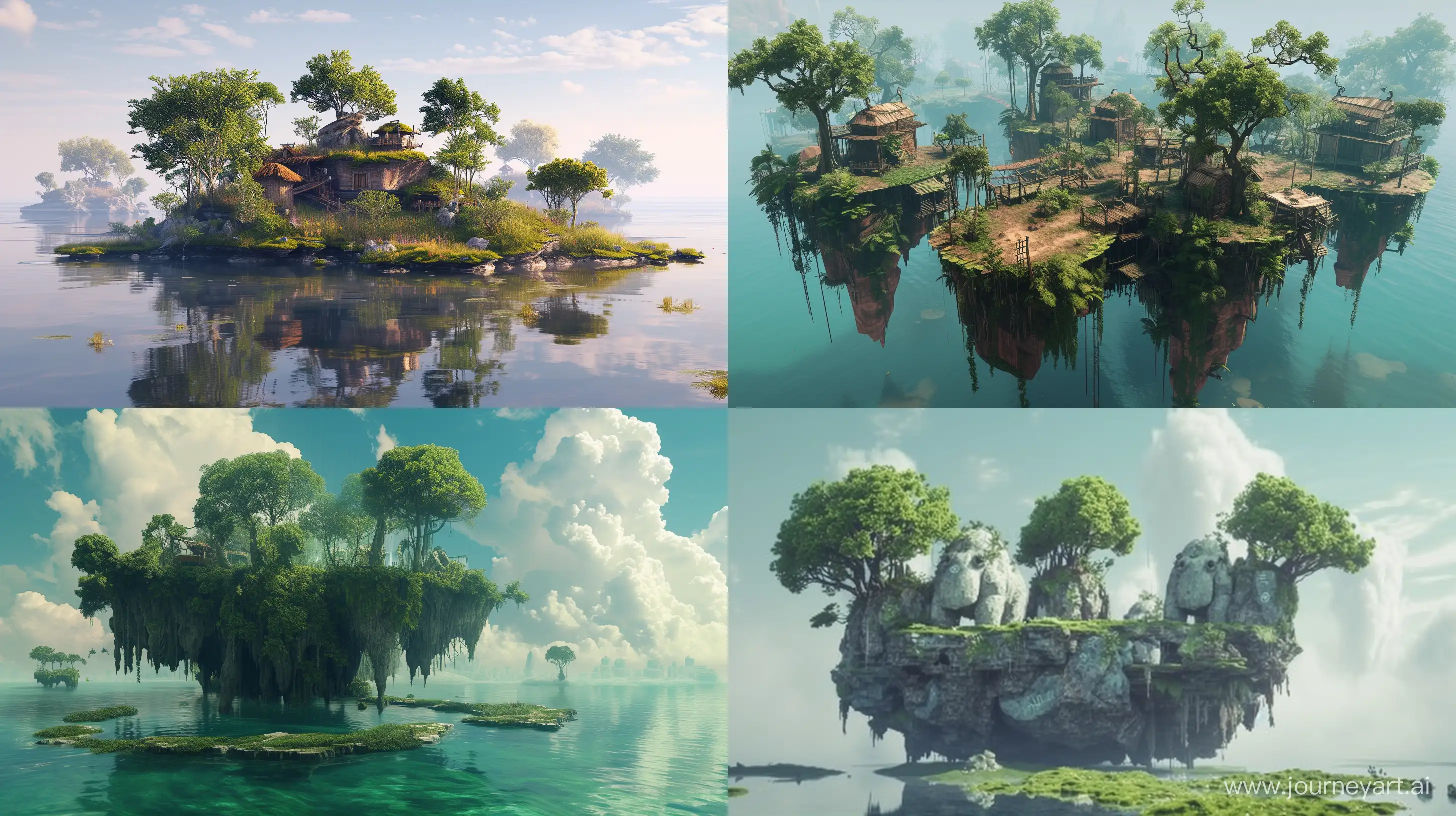 A serene, floating island, home to a tribe of peaceful, nature-loving giants. --ar 16:9 --style raw --v 6