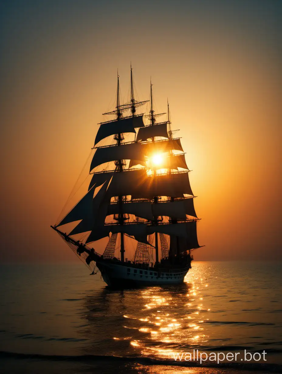 Летний восход солнца на берегу Черного моря.Красивый парусник в лучах восходящего солнца.