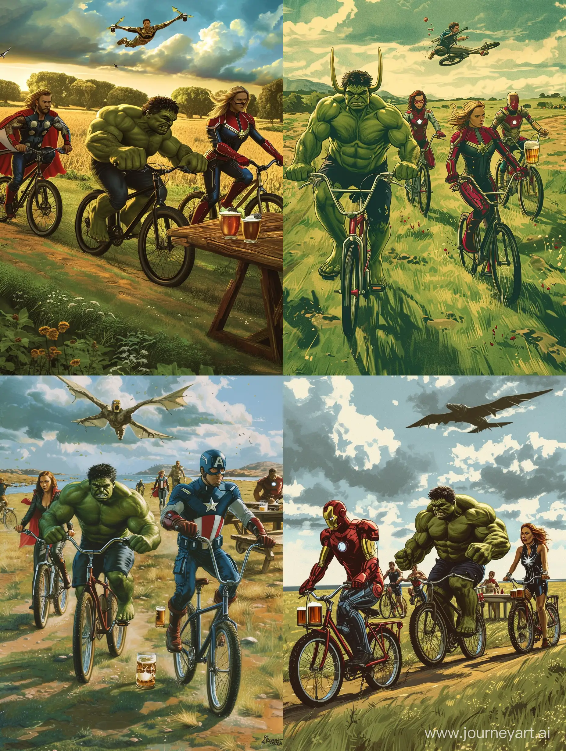 Халк,Локи,Железный человек,Капитан Америка,Наташа Романоф,Капитан Марвел,едут по полю на велосипедах к столу с пивом 