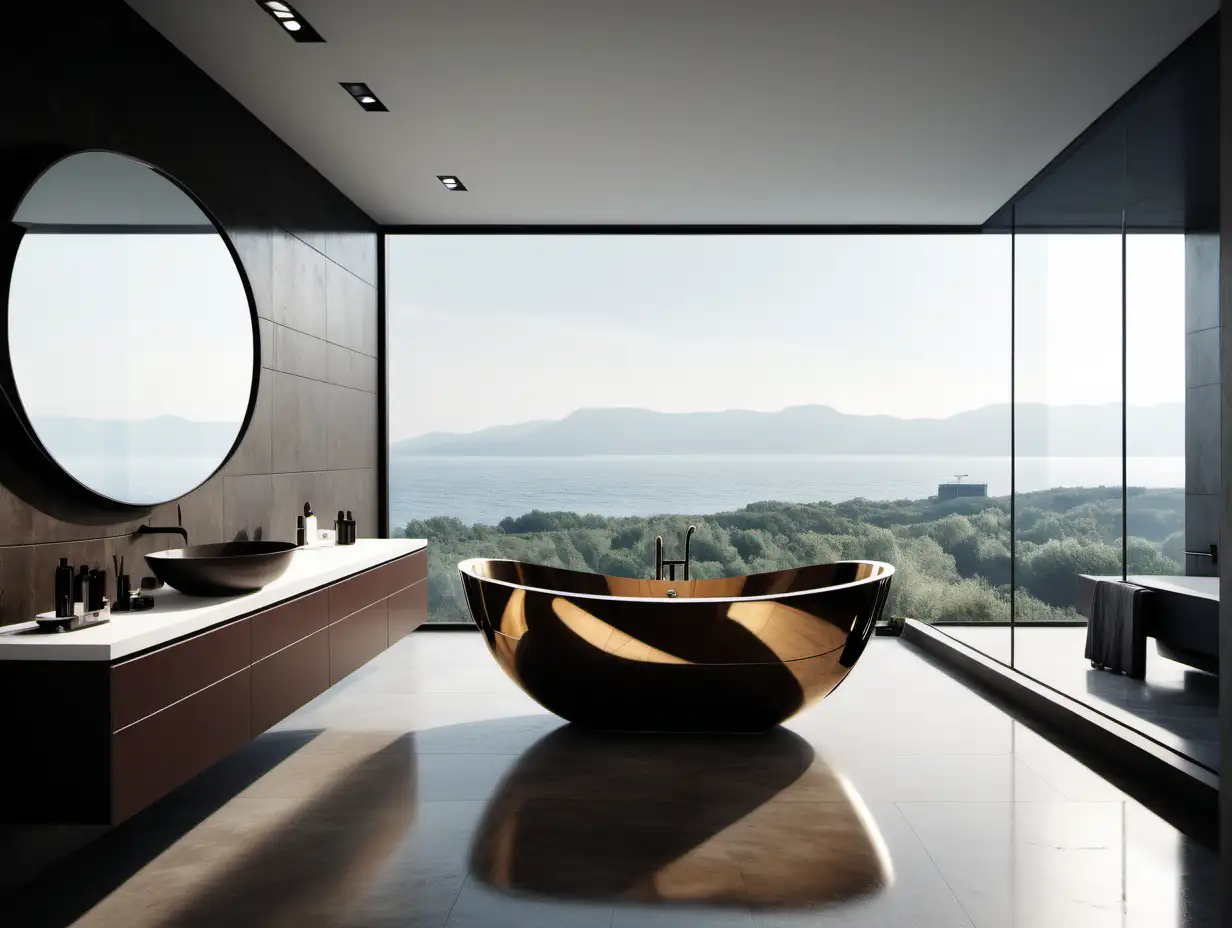 Futuristic Floating Bathtub in HighTech Bathroom with Frameless Window View