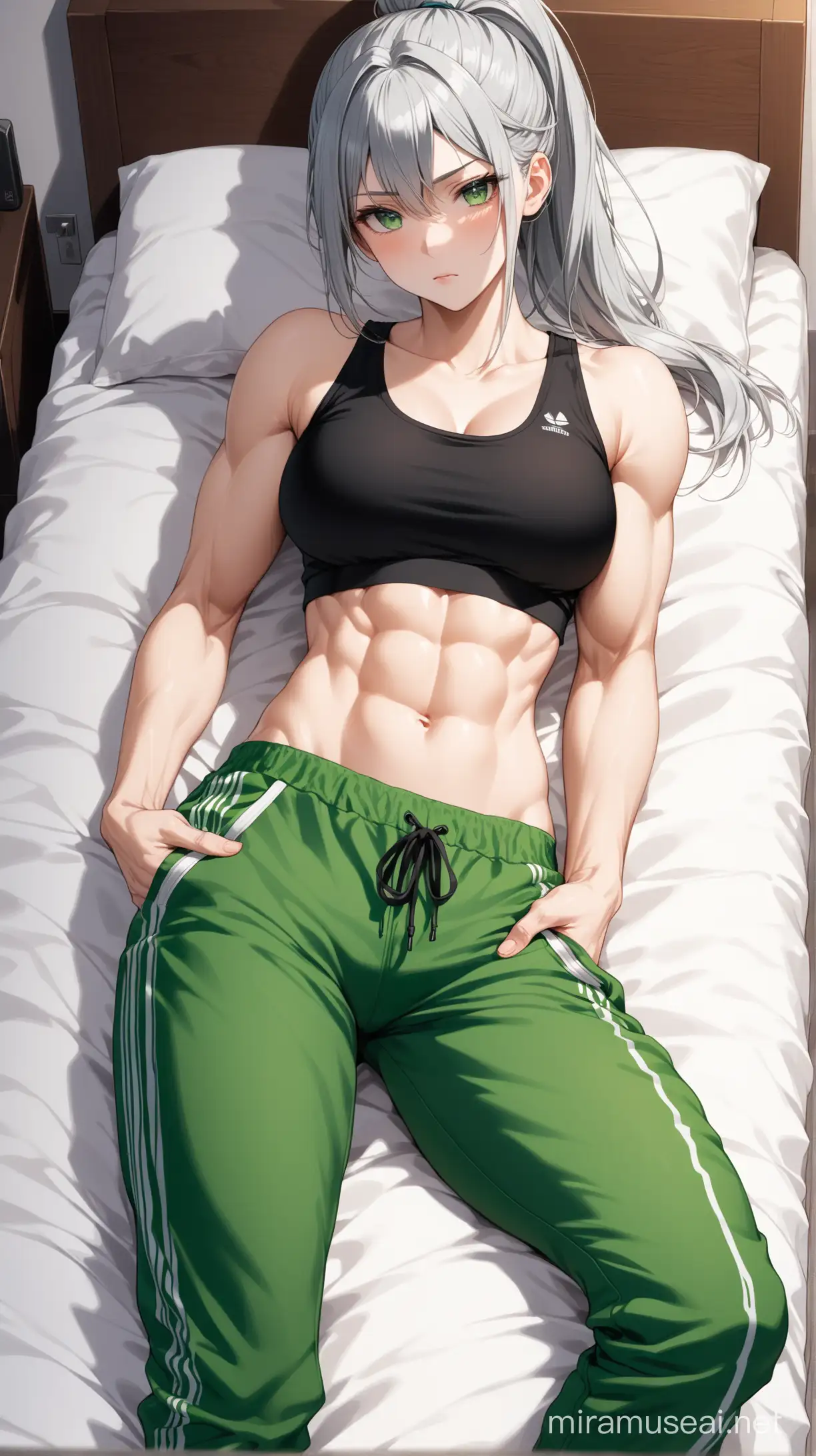 solo, 1girl, masterpiece, best quality, very aesthetic, absurdres, frontal, adult woman, pale skin, tall athletic body, {high ponytail, grey hair, overgrown bang and long fringes}, (green eyes), senpaku eyes, cold expression, green flannel scarf, {muscular arms, black tank top, buffed midriff}, hands on side, (green track trousers), lying down, bed, view from top