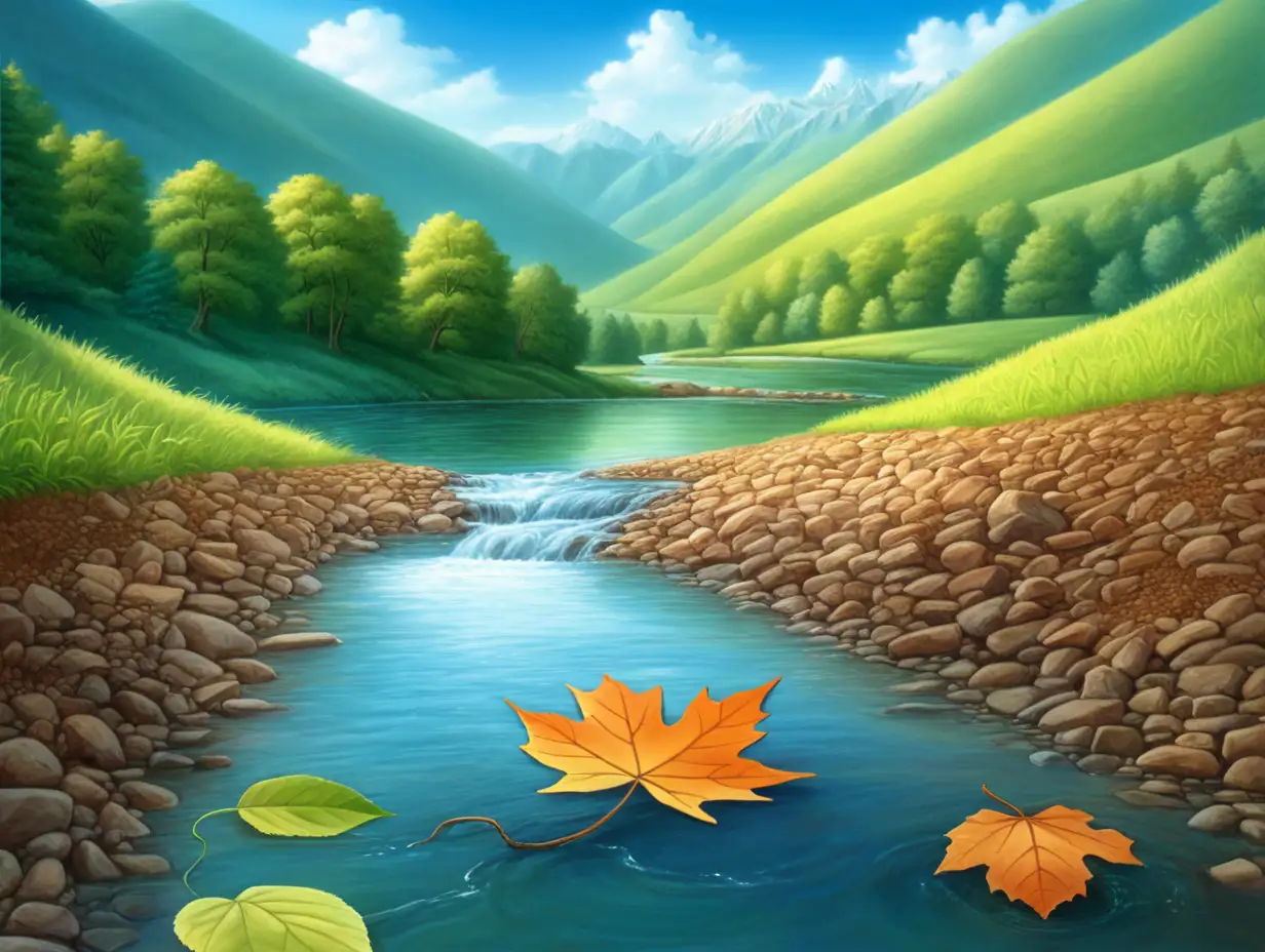 Scenic Mountain Landscape with Serene River and Floating Leaf