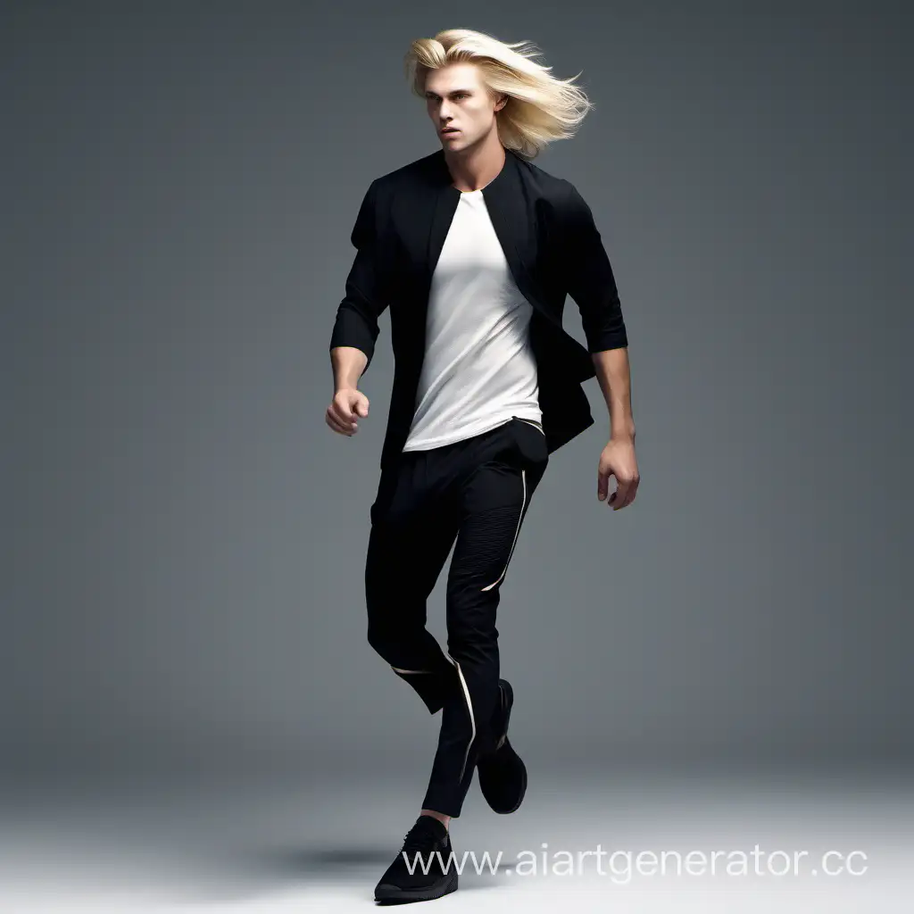 the guy is blond, shoulder-length hair, strict look, stylish black pants with inserts, running forward