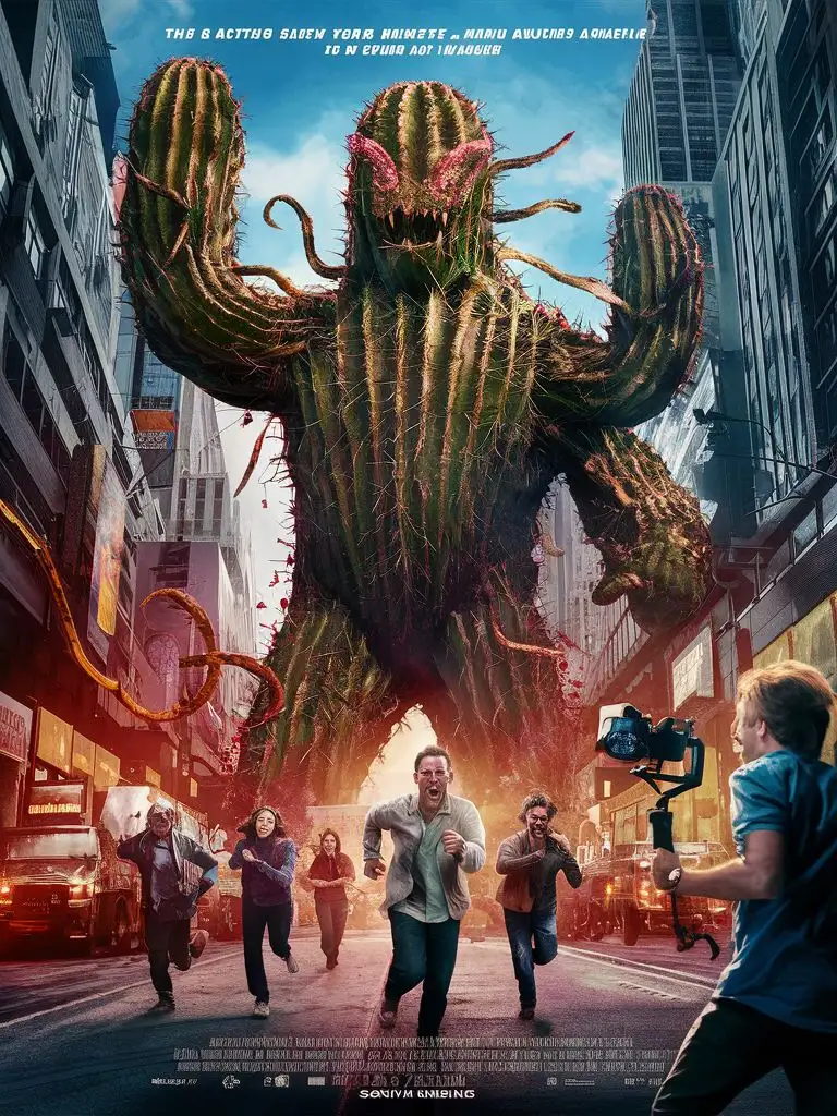 A giant monster cactus invades a city with a Sony A7III camera on the gimbal filming, and several videographers running in fear. Movie poster style
