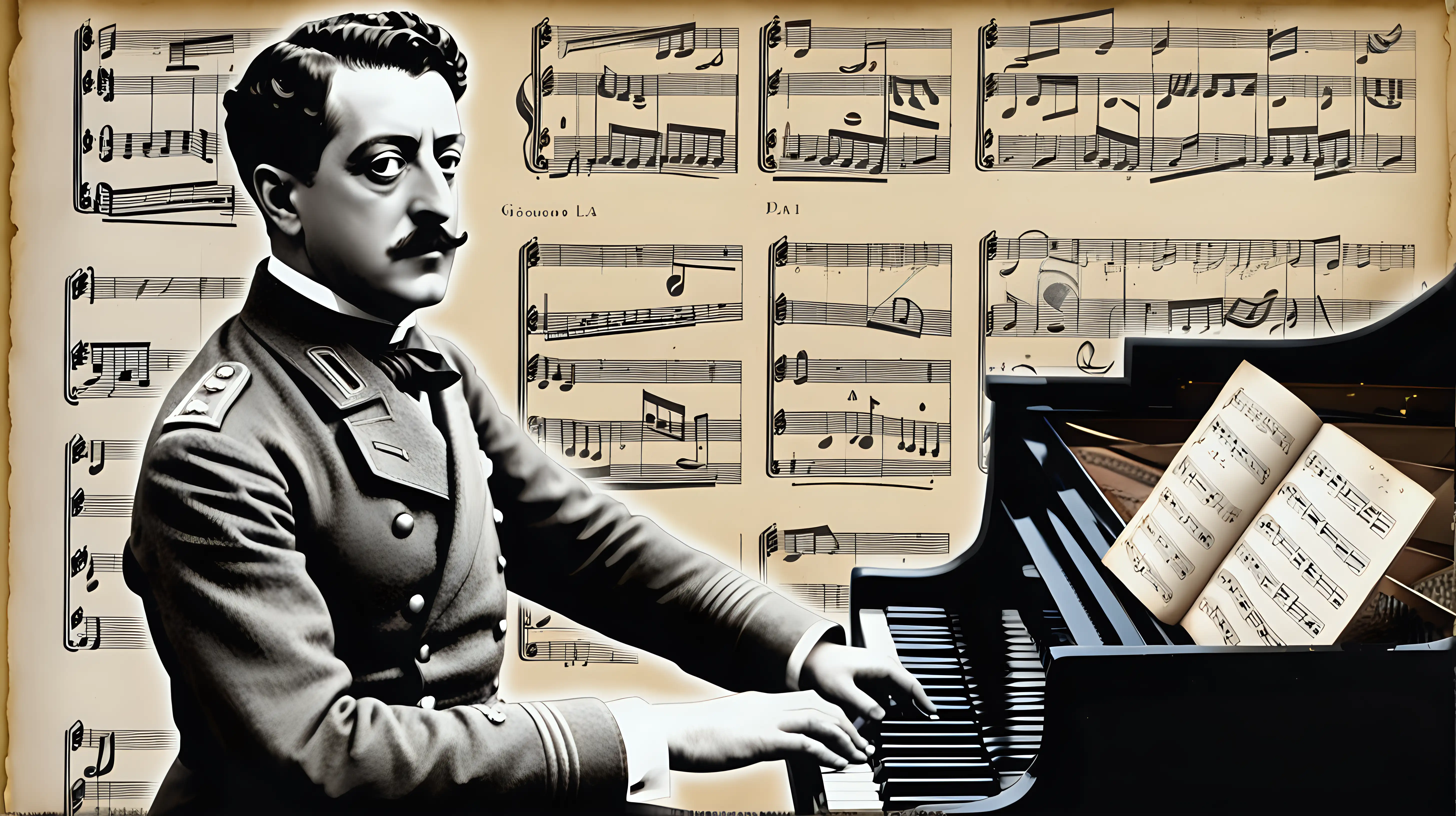 1917. During the ww1 Giacomo Puccini at piano compose La Rondine. Style as an old dada collage, with the notes, soldiers, musical references