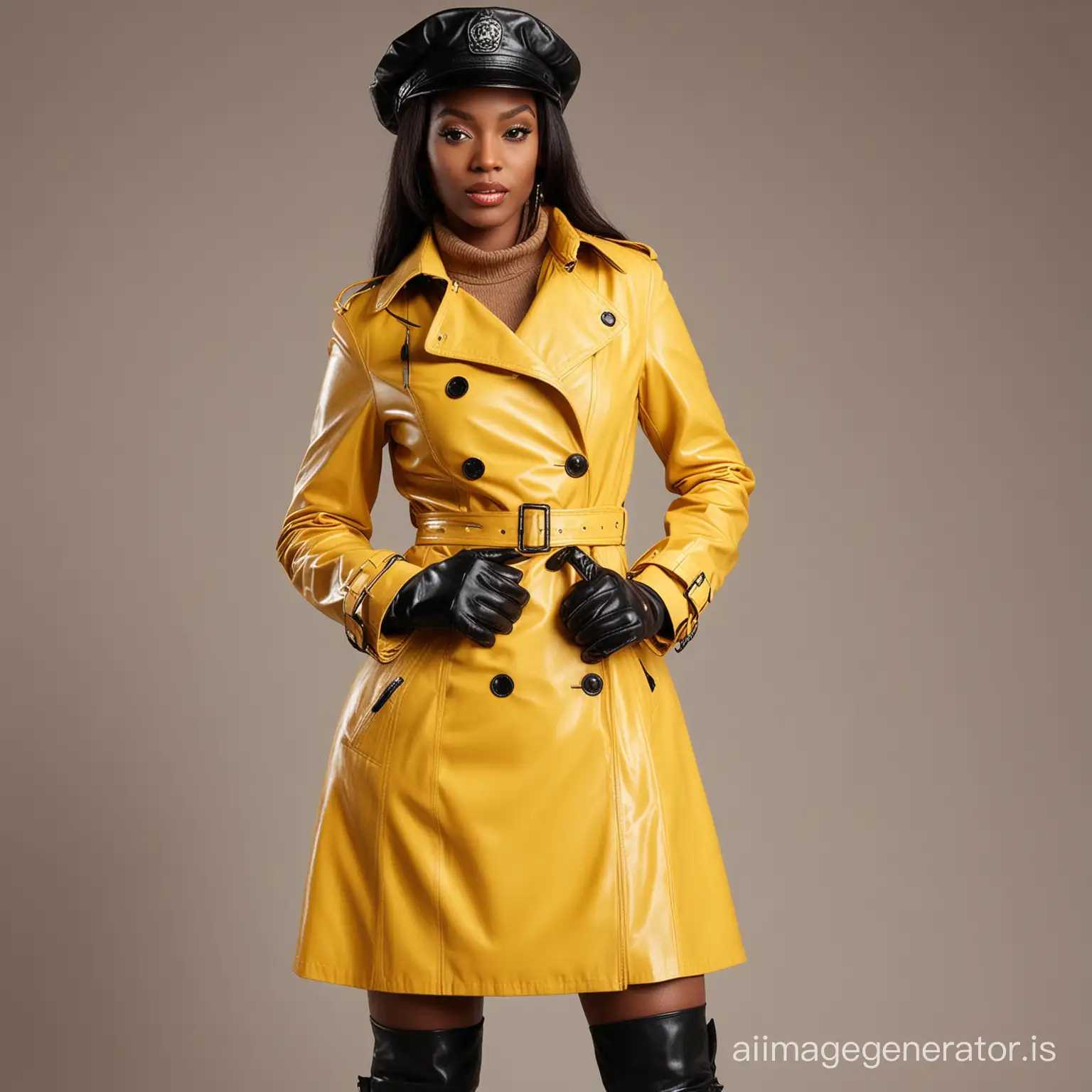 sleazy black woman in yellow leather trench coat, black leather gloves, master cap, leather boots