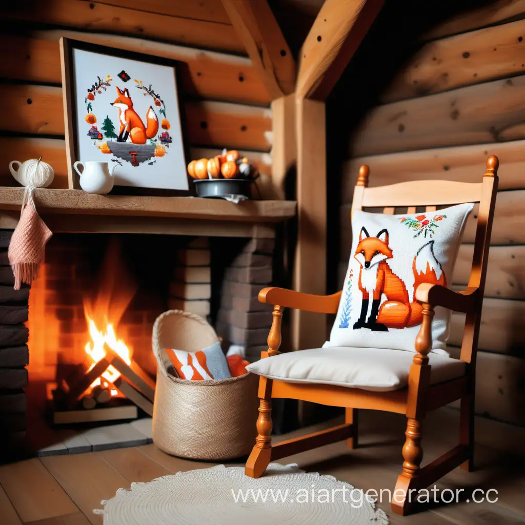 лиса сидит возле камина в кресле в деревянном домике и вышивает крестиком
