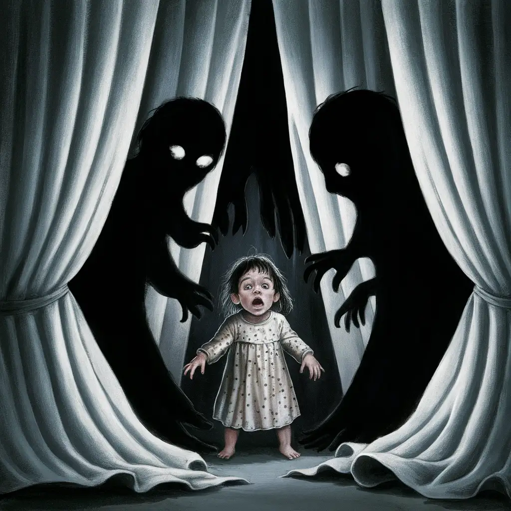 black shadows between the white curtains watch the child with frightened eyes