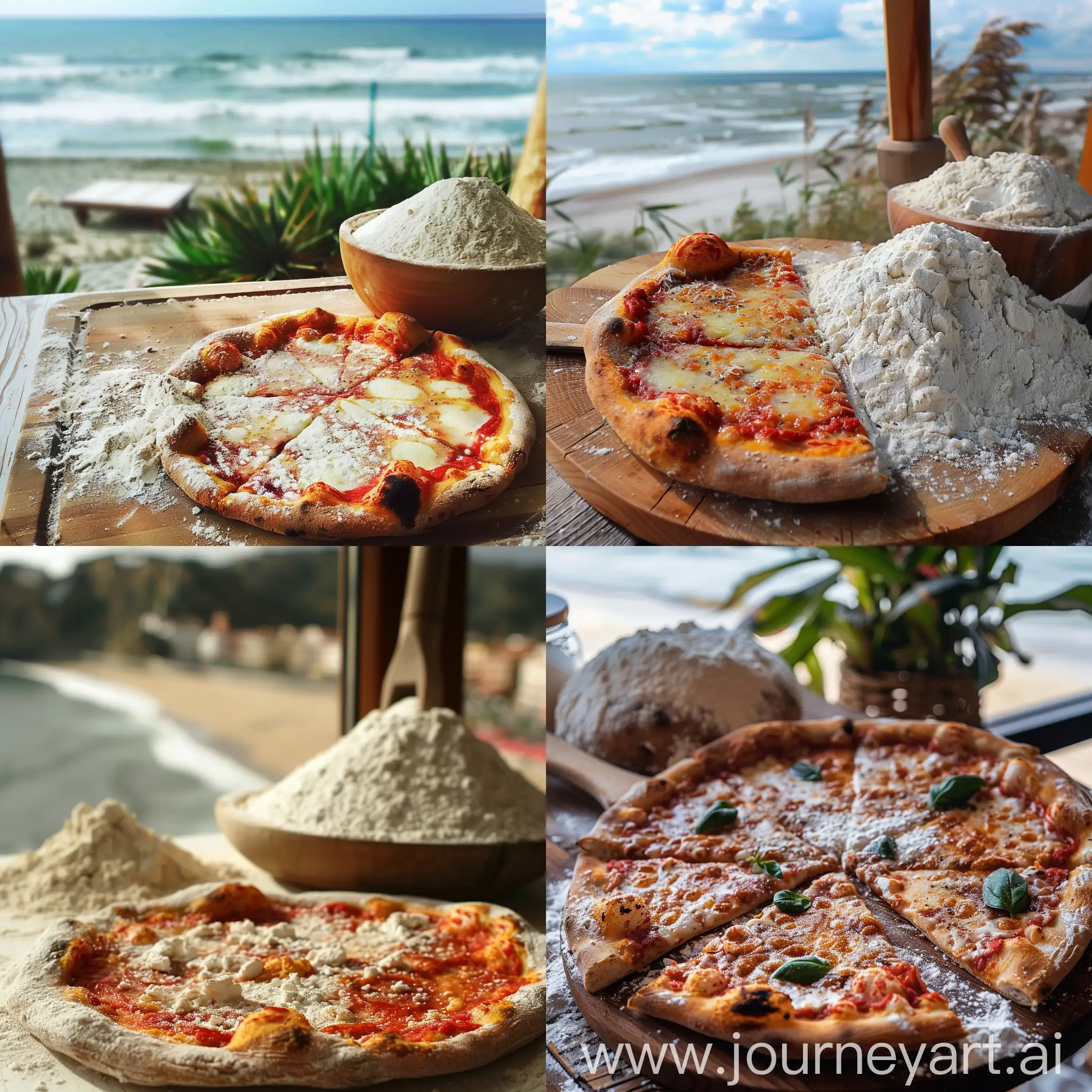 Pizza, baker and flour In the summer, there is a beach in the back