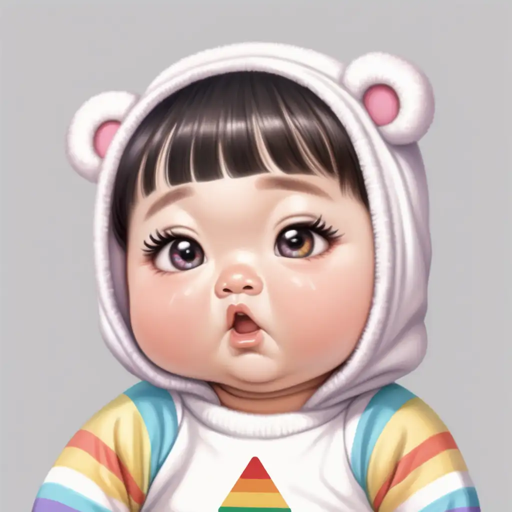 Chubby Asian Baby Girl in Rainbow Striped Onesie with Confused Expression