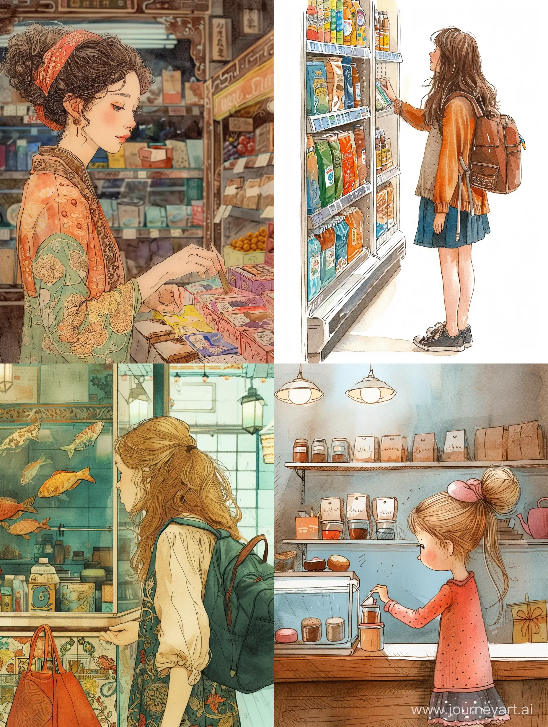 Девушка выбирает покупки, рисунок, цветная иллюстрация, красиво