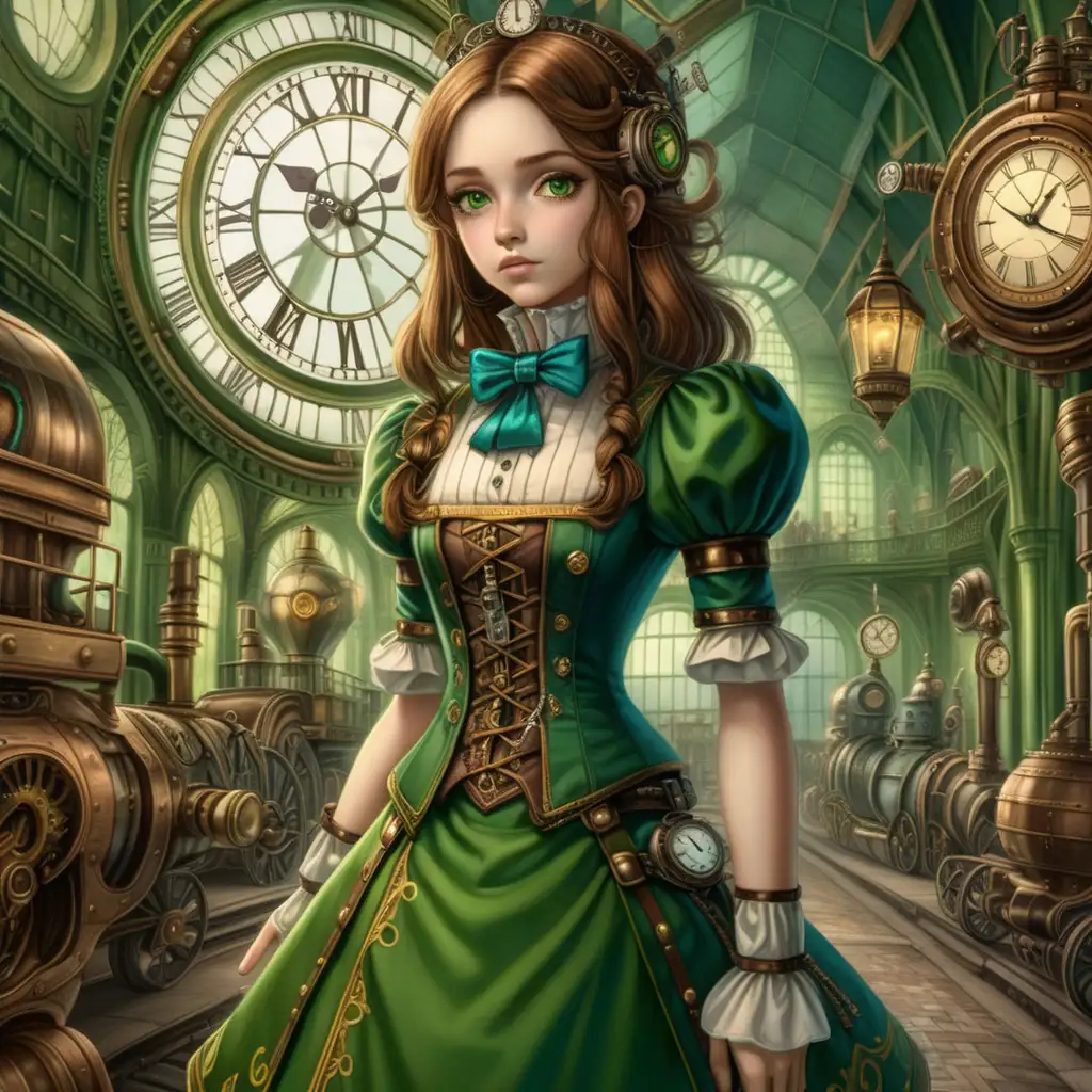 a dystopian Victorian image of a girl , similar to Alice in Wonderland but with no hat and with brown hair, in a green and gold outfit, full body, head to toe, in steampunk style, ultra hd, cartoon anime, vivid colors, highly detailed, perfect composition, beautiful detailed intricate insanely detailed  perfect light
