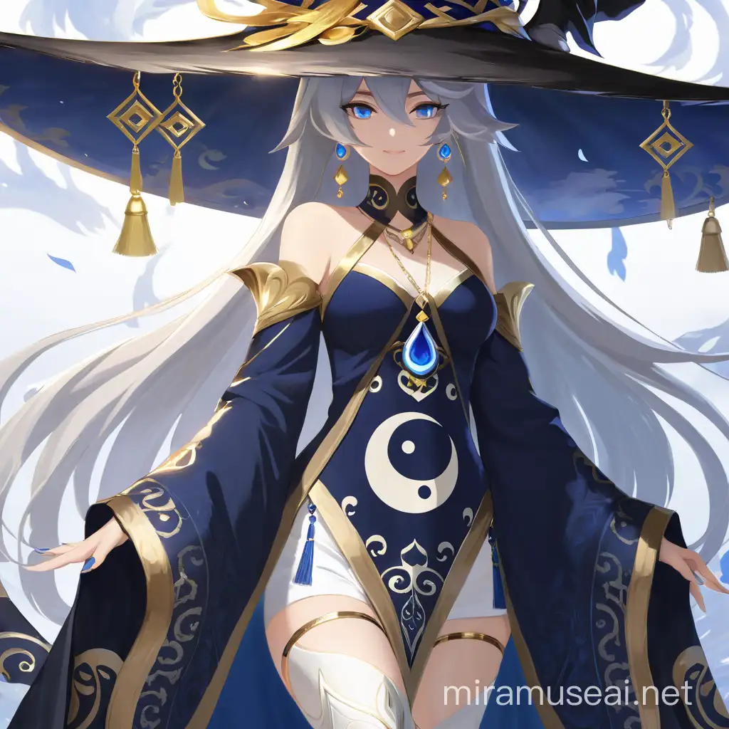 Genshin Impact tall motherly Archon the god of peace and a gorgeous woman with a giant witch hat and glowing eyes, featuring a yin and yang symbol. Her long hair has faded parts glowing, and she has earrings of yin and yang. Her hair is white, and she wears an outfit of Ningguang wears a gold-patterned dark blue dress one slit at the back and two slits at the front show her legs and her white shorts. Her Vision rests at the top of the slit that shows her left leg. The dress is thigh-length at her sides and knee-length in the front and back. She has a narrow, dark blue fur ring on each of her upper arms, and her dress has multiple thin dark blue and pale blue straps at the top that connect to a dark blue collar