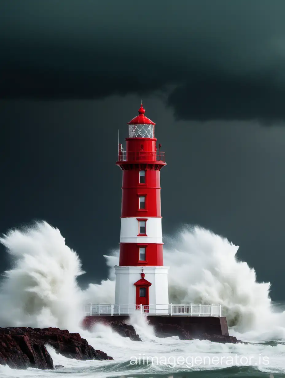 White and red lighthouse in the midst of a storm facing the sea
