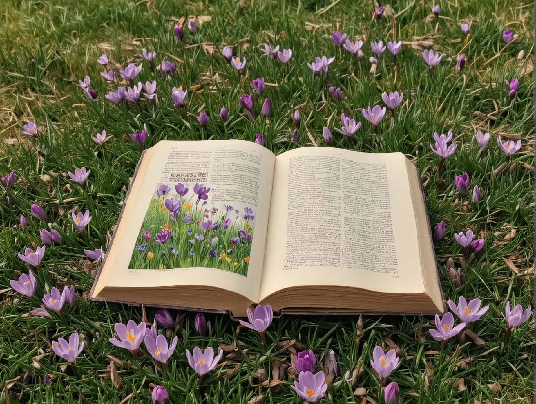 Books Resting Amongst Crocuses in Tranquil Garden Setting