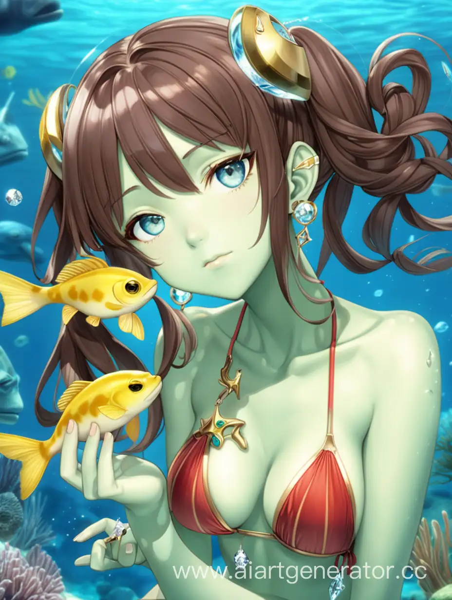 sleeping anime girl-amphibian, with light green skin, underwater, in red and golden bikini, with fish shaped ears, light blue eyes, dark brown double bun hair, holding a diamond