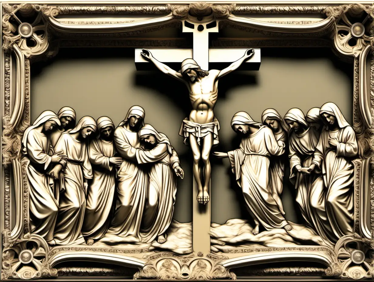 generate The Crucifiction of Christ with his mother at the foot of the cross-place an ornate rectangular frame in 3D for laser printing