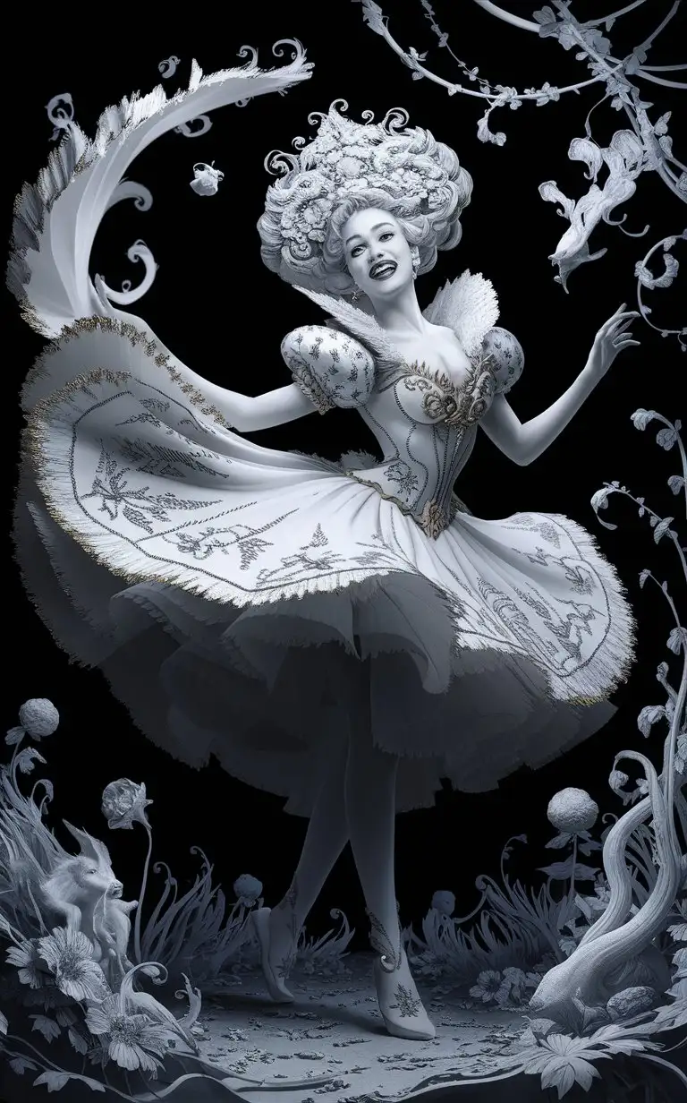 a high-quality illustration of an woman dancing and her dress spinning in the air medium outlines in black and white, detailed, fantasy themes, whimsical, coloring book page, creative design, intricate details, high contrast, textured lines,goldpaper