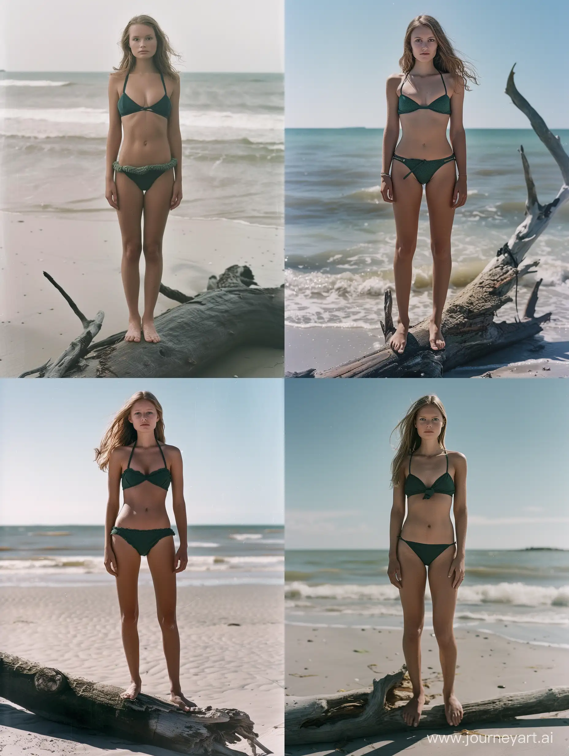 Swedish-Fashion-Model-in-Dark-Green-Bikini-Poses-on-Driftwood-Log-at-Sunrise-on-Gotland-Beach