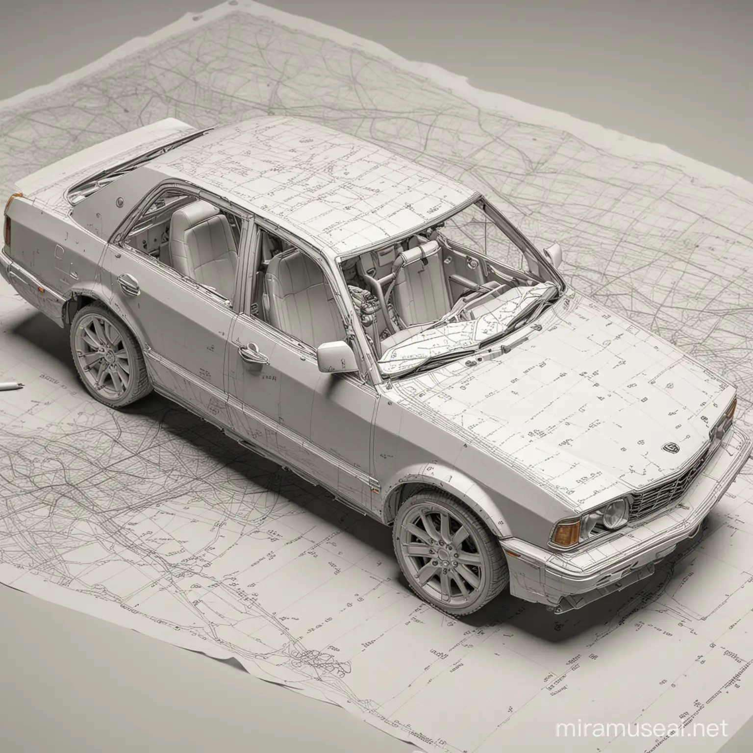Imagine a map of a sedan car with fully engineering component on paper 