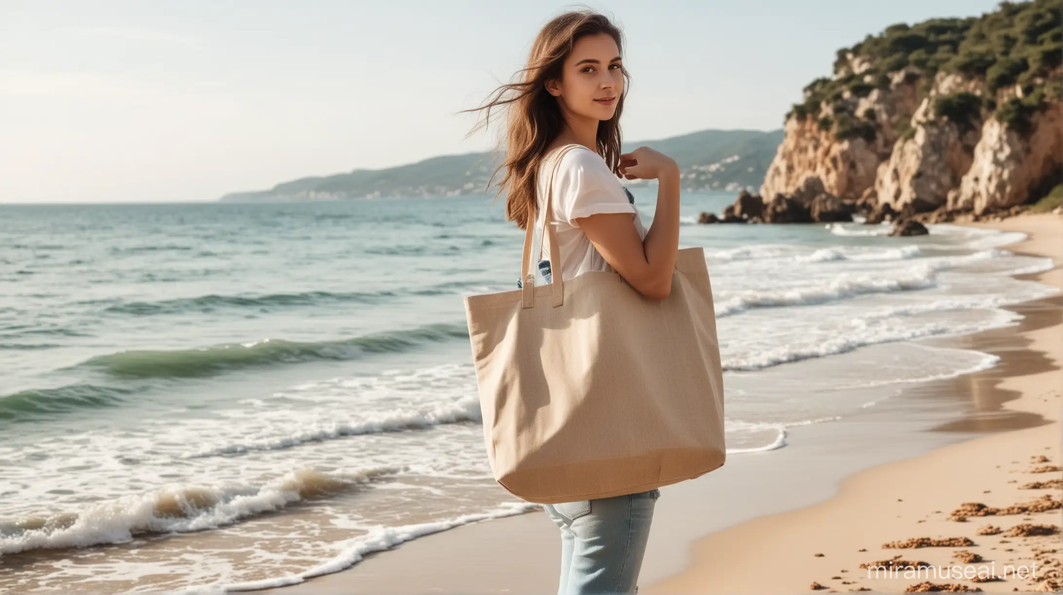 Young Pretty Girl Carrying Tote Bag stands on the beach by the sea photo mockup