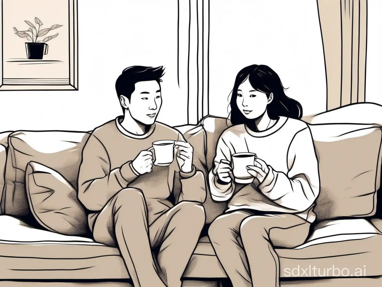 an Asian man and a asian woman are sitting on the sofa. On the left is a 36-year-old man holding a cup of tea in his hand, and on the right is a 20-year-old woman wearing a sweatshirt holding a paper cup of coffee in his hand, simple drawing, hand-drawn style
