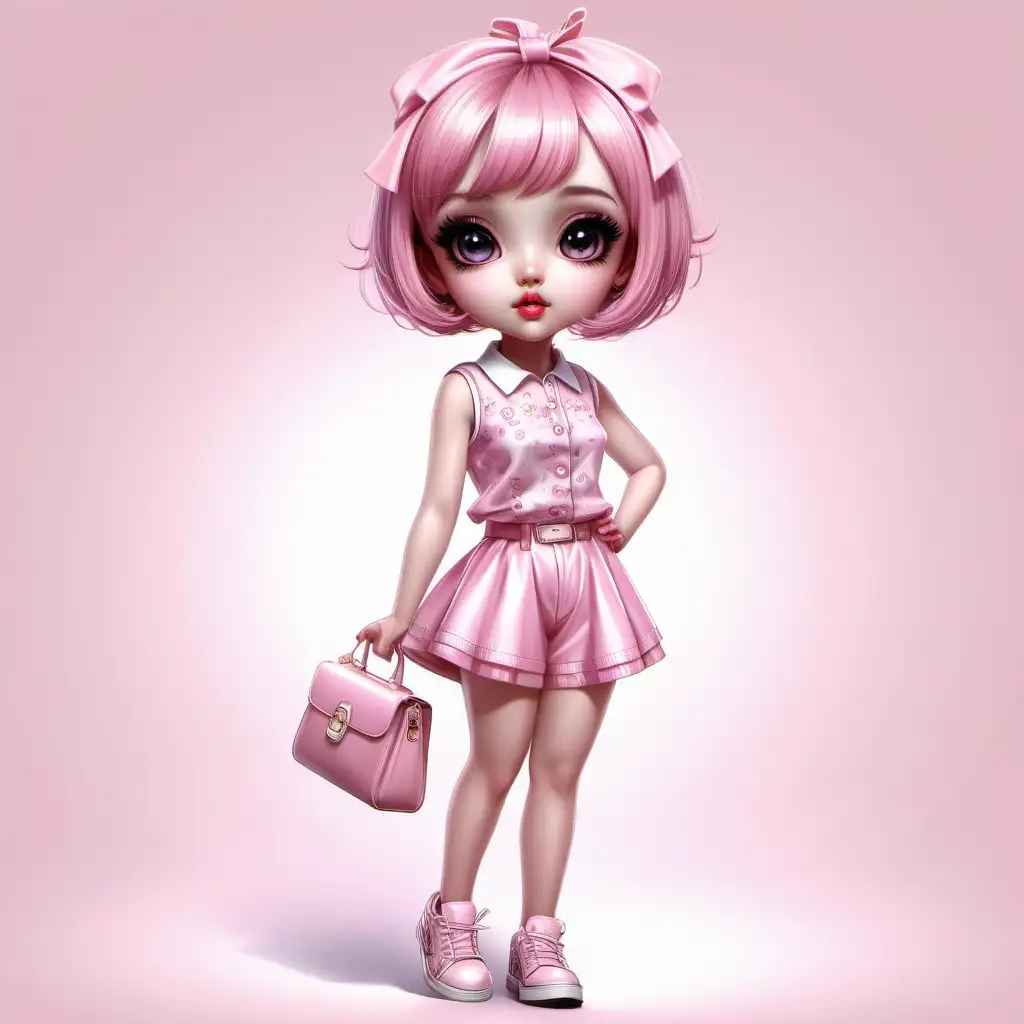 Create an enchanting beautiful very trendy style kawaii girl. in a beautiful and glamorous sleeveless pink outfit. Bob cut short hair. Beautiful details factions. Big eyes. Trendy shoes. Lip gloss. High quality. HD. no background. Thomas Kinkade style.