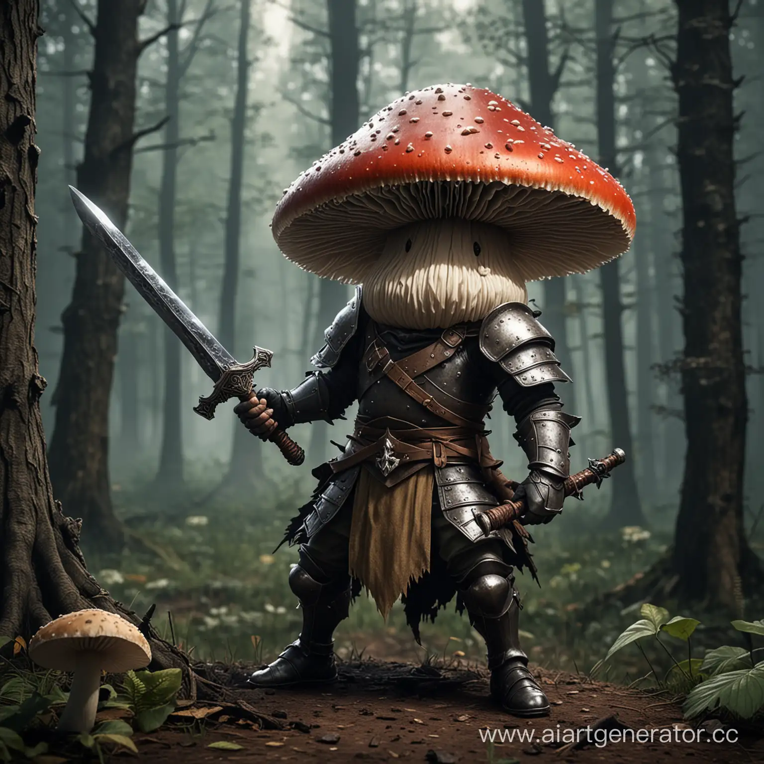гриб воин с мечом, гриб, злой гриб, дарк солс, гриб, фон лес, без доспехов, хуманизированный гриб, угрожающая поза, поза три четверти