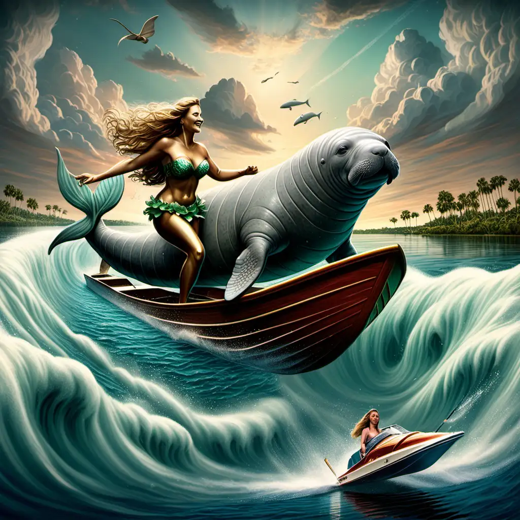 Manatee Water Skiing with Mermaid Unique Aquatic Relief