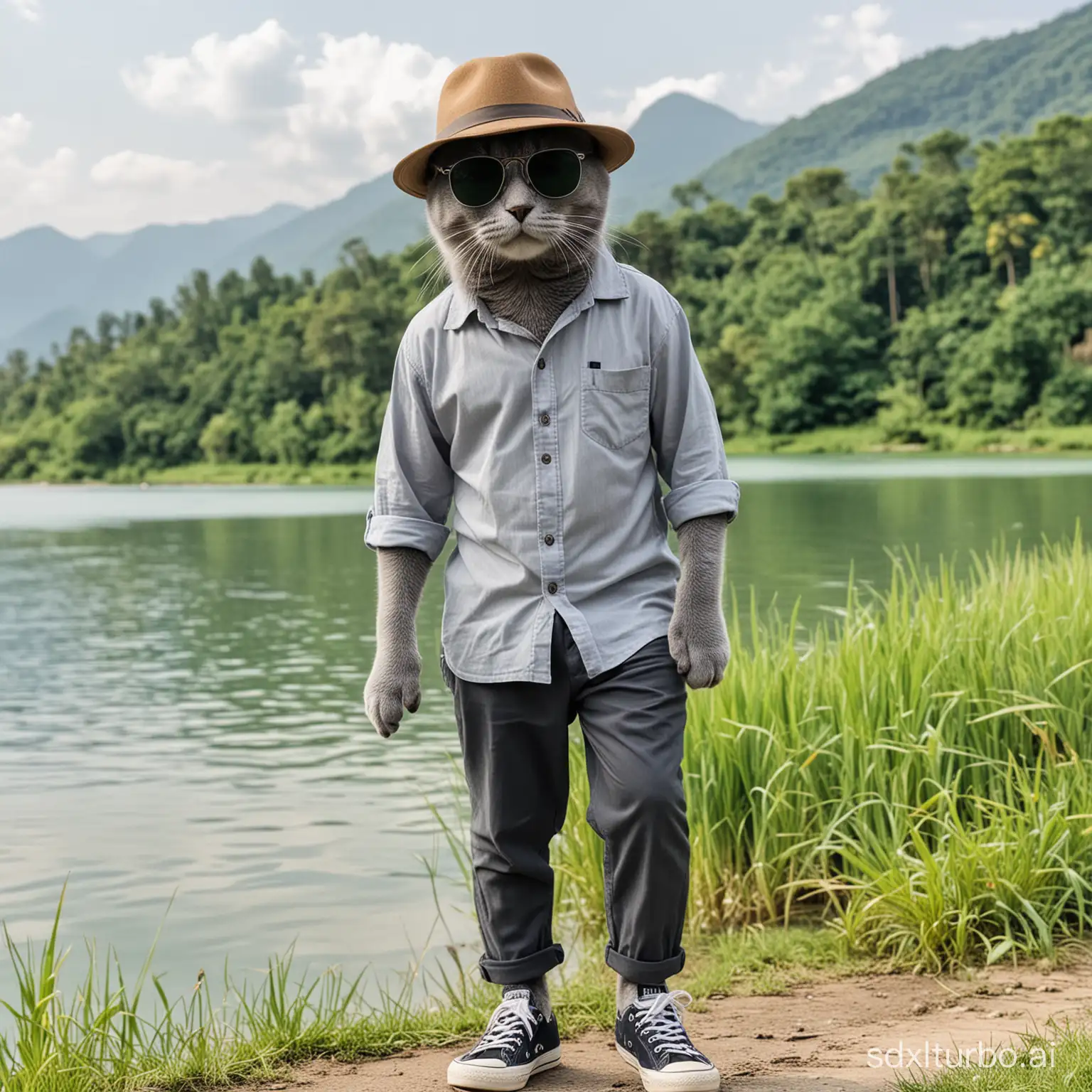 a grey color cat wear in casual top shirt and pants, with hat, with sunglasses, with shoes, standing walk by a green grass river