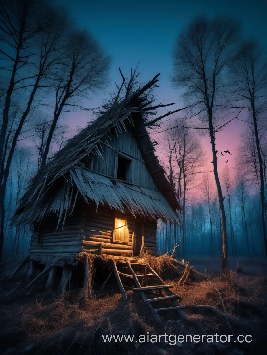 Enigmatic-Twilight-Forest-with-Old-Mystical-Hut-and-Broken-Tree