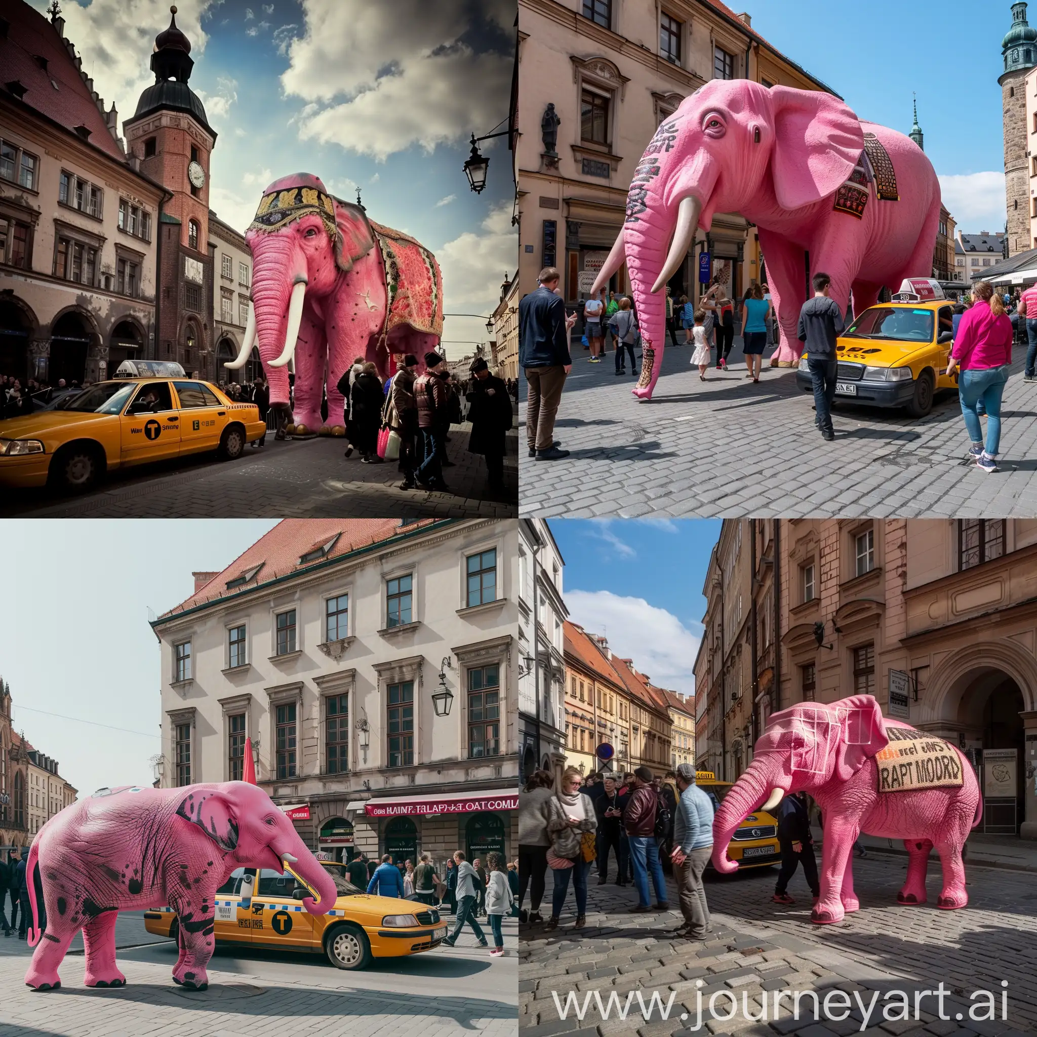 pink elephant in the old town of krakow with people and a taxi
