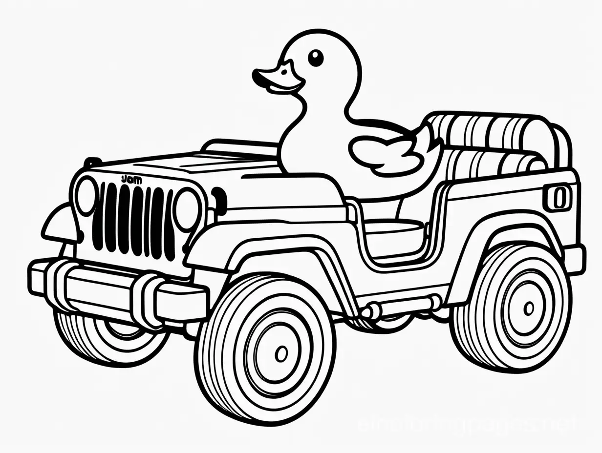 a rubber duck with wheels like on a Jeep, Coloring Page, black and white, line art, white background, Simplicity, Ample White Space. The background of the coloring page is plain white to make it easy for young children to color within the lines. The outlines of all the subjects are easy to distinguish, making it simple for kids to color without too much difficulty