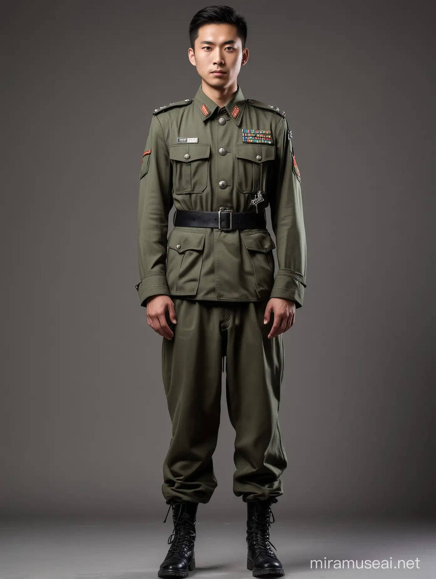 Youthful Chinese Soldier Standing Tall in Formal Uniform