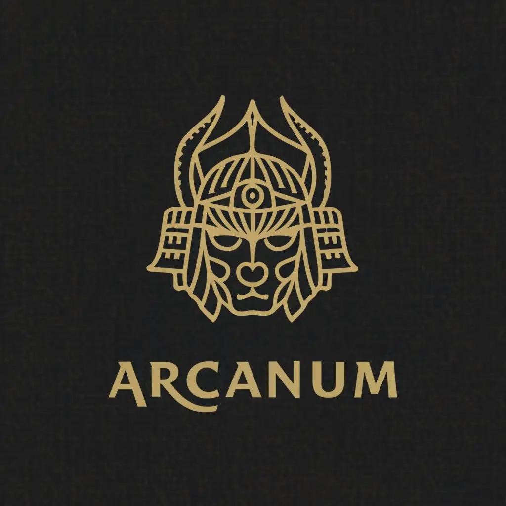 a logo design,with the text "Arcanum", main symbol:The alchemical symbol for arsenic upside and used as a helmet for a samurai.,complex,clear background