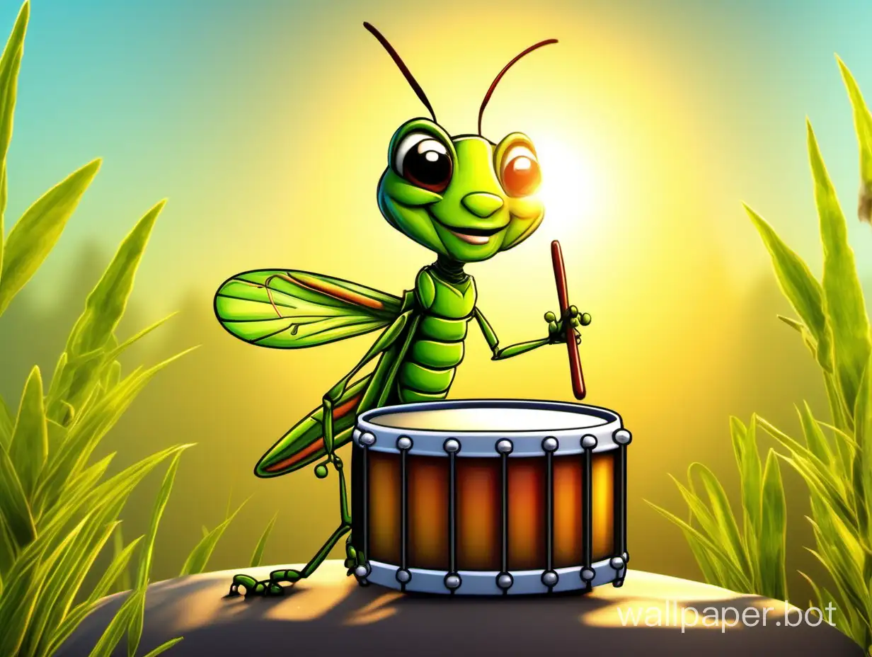 kind and beautiful cartoon grasshopper playing the drum, with the sun in the background, morning