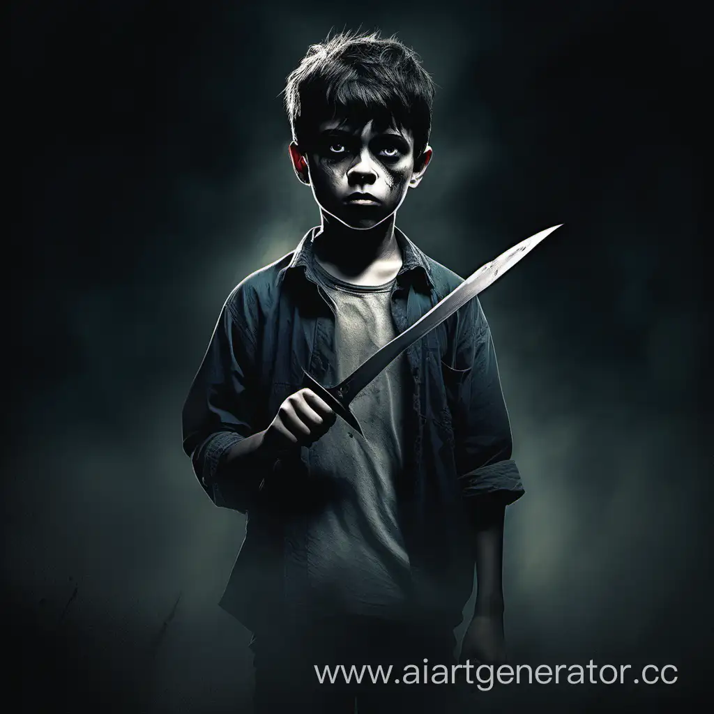 A frightening boy stares at the viewer, depicted at waist height, holding a barely visible knife blade behind his back in his hand, with a dark muted background behind him.