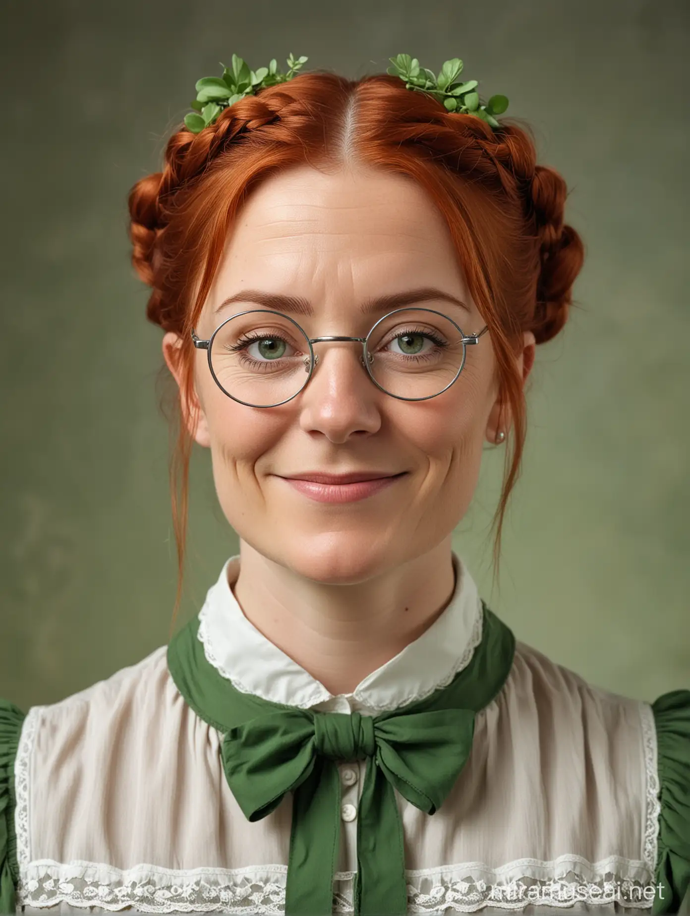 The setting is 1890s. An Irish woman in her late 40s with a short face and is smirking. She has red hair in a braid and wears silver circular spectacles. She is dressed in green and white. She is a botanist.