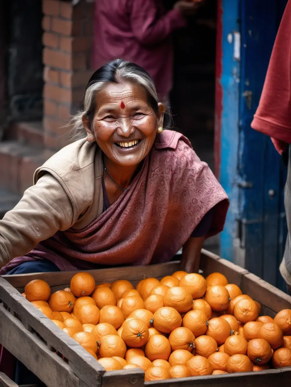 a happy nepali women selling oranges on a moving wooden cart in the middle of a buy in kathmandu, street photography, detailed facial features,sony  R iv camera, --85mm --f 1.8 ultra detaild