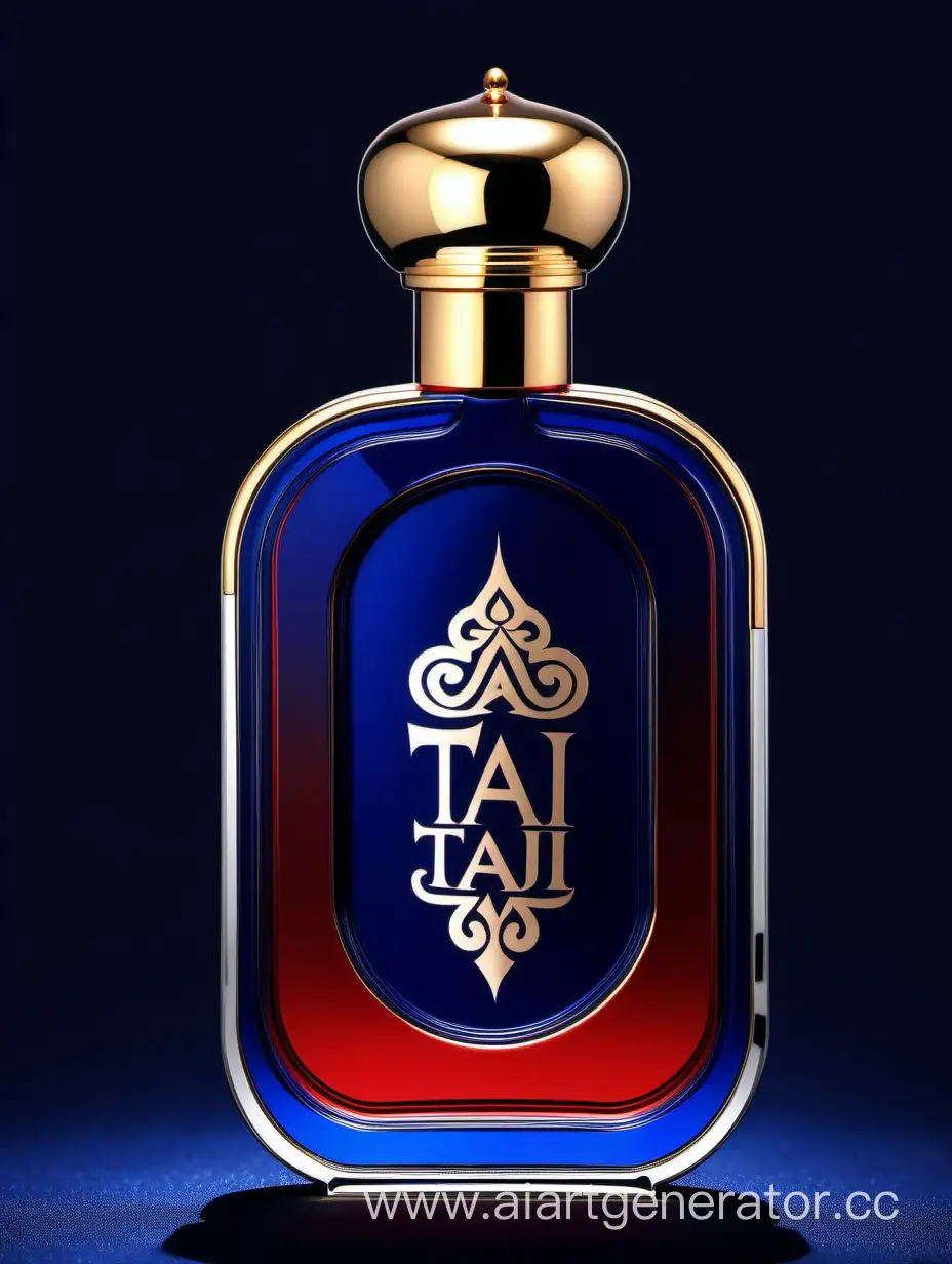 A luxurious Dark Blue Red and white double layers perfume with a elegant zamac cop ((taj text logo))
