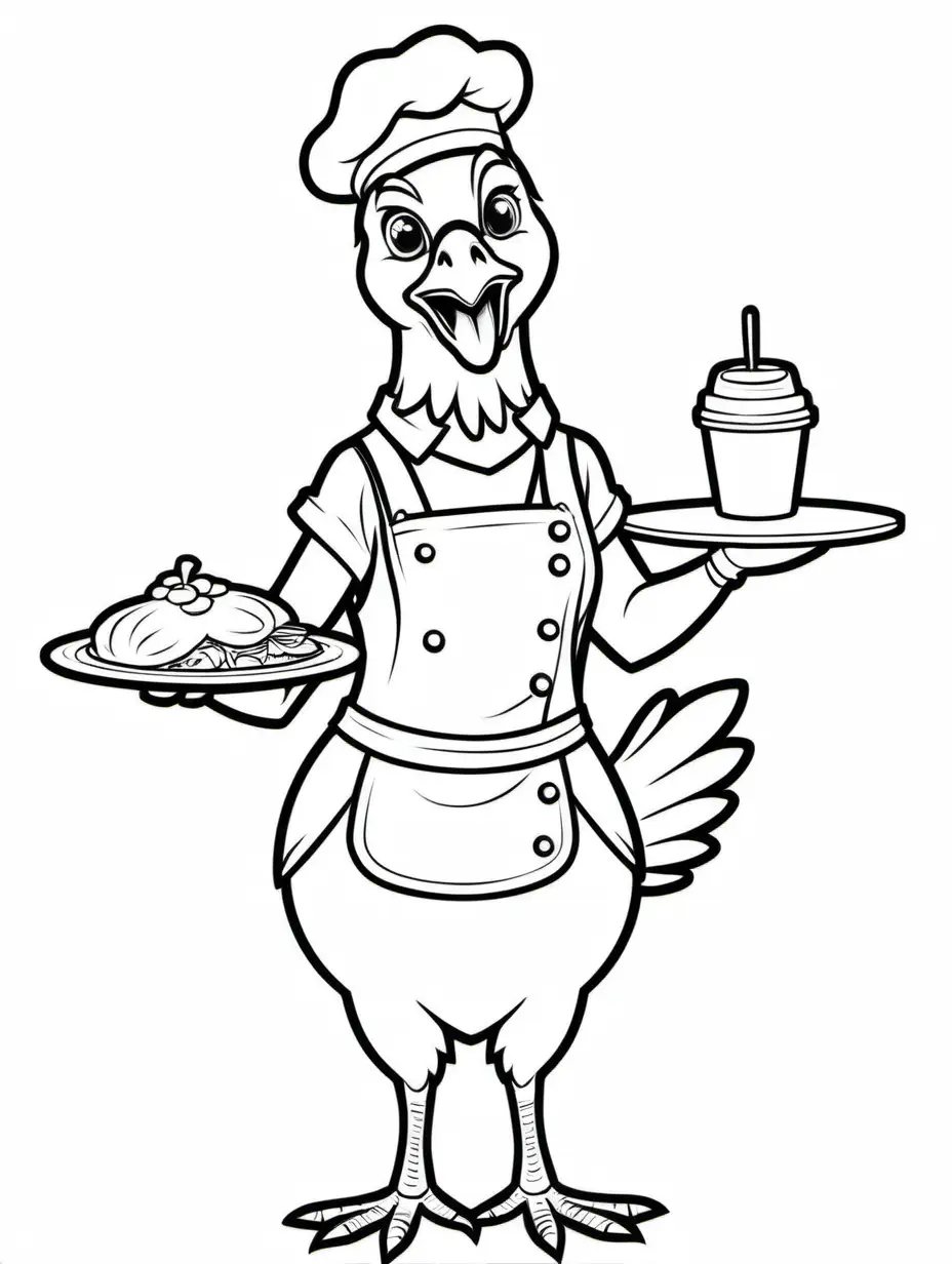 coloring page for kids, chicken dressed as waitress, no shading,