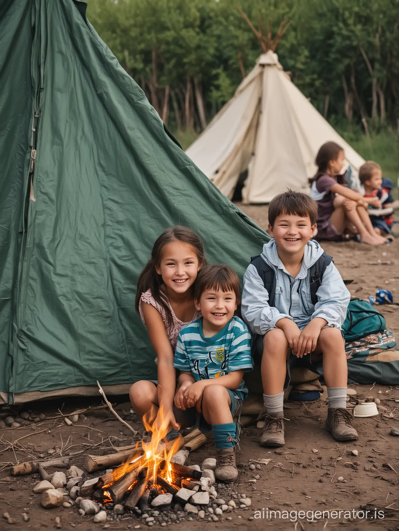Happy Kazakh children sit near tourist tents in the summer by the campfire.