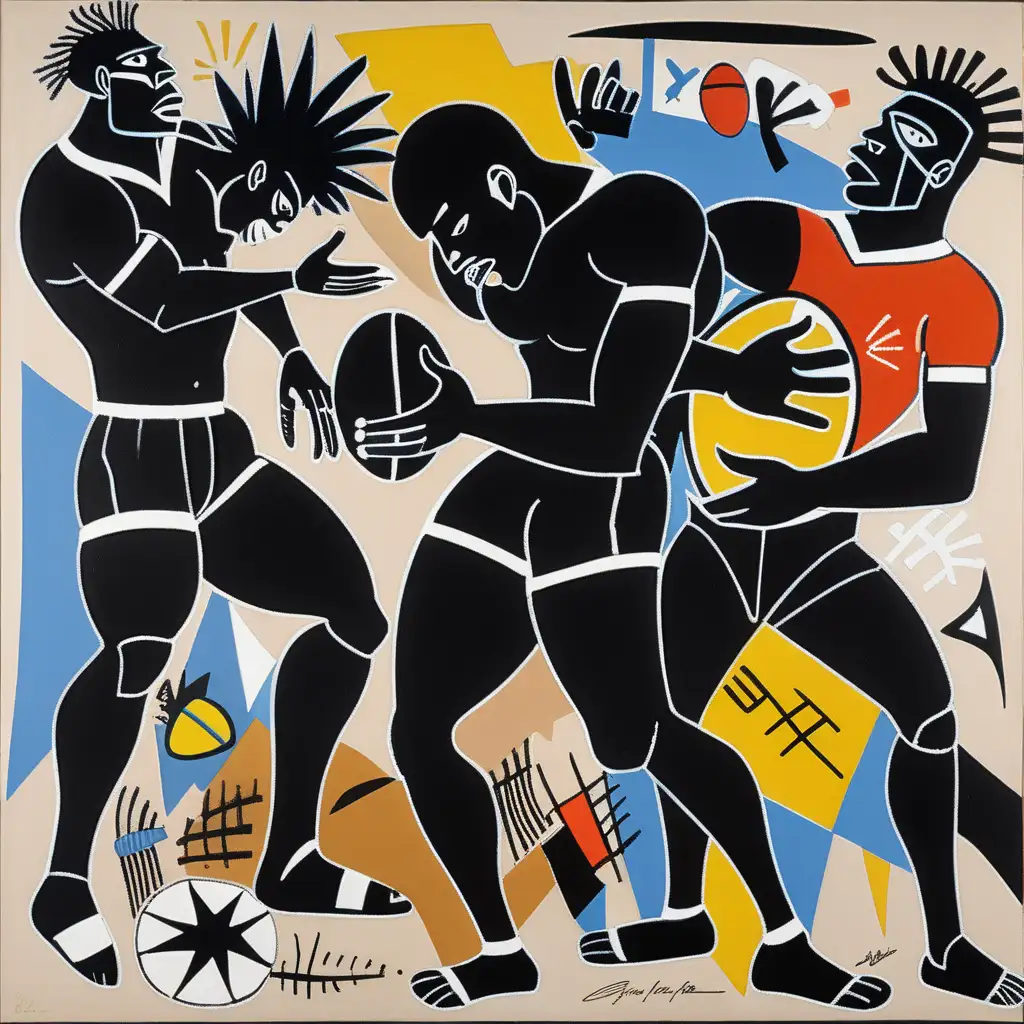 All Black Rugby Players with Multicolored Ball Tribute to Basquiat and Picasso