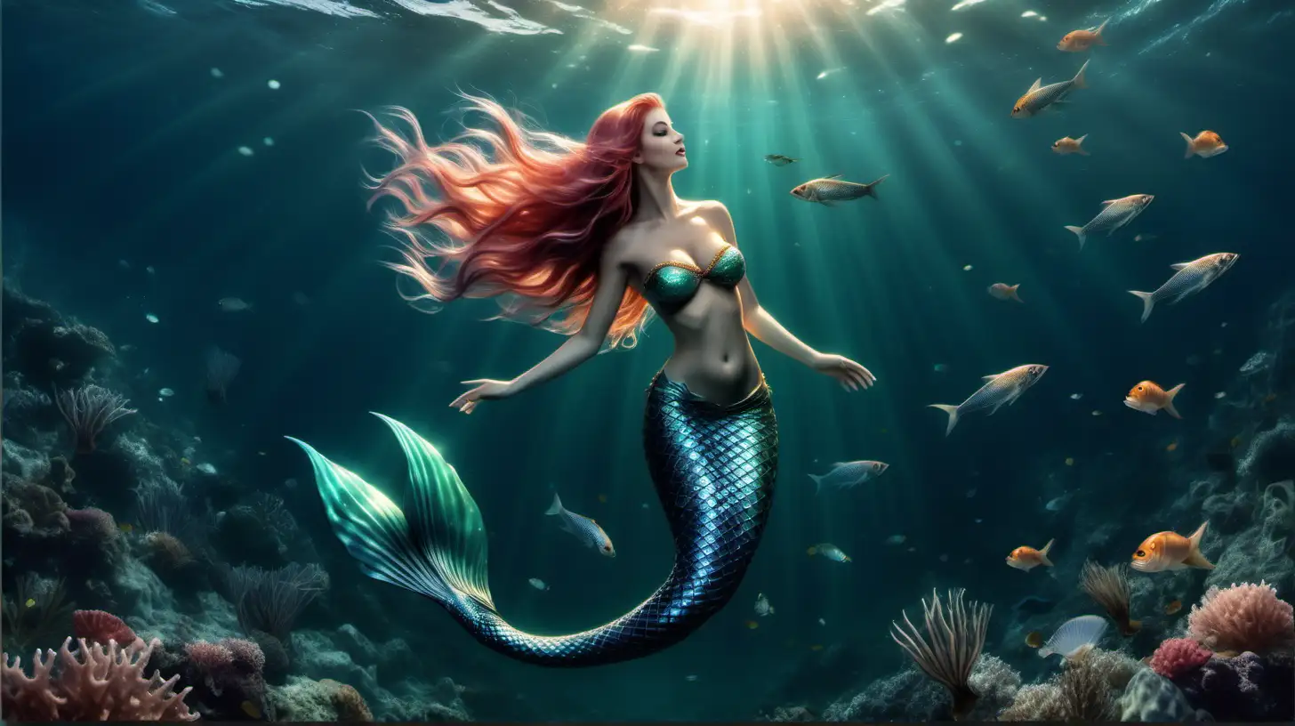 A beautiful mermaid woman is in the ocean with small fish. Mermaids are so beautiful and beautiful. Picture so realistic.