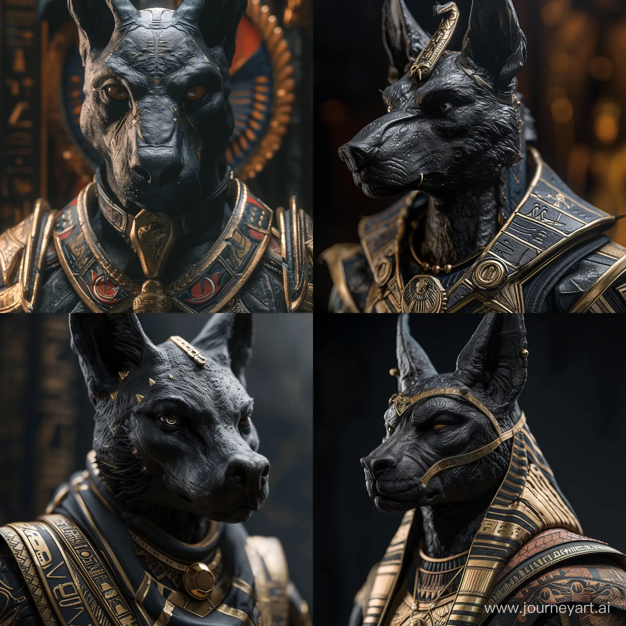 a close up of a statue of a dog, concept art, by Ivan Ranger, portrait of anubis, for honor charector concept art, kemetic, black panther, ornate cosplay, from egypt, discord profile picture, close - up portrait shot, anubis-reptilian, portrait of a gnoll, portrait shot, doge, dark-skinned